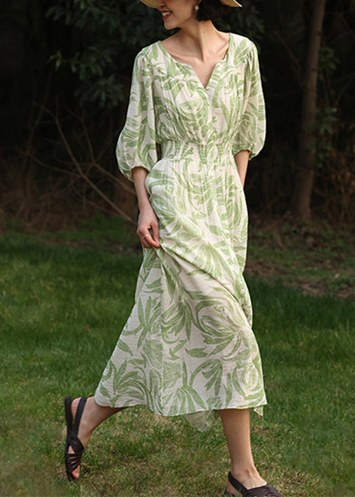Loose Green Print Front Open Pockets Cotton Long Dress Half Sleeve