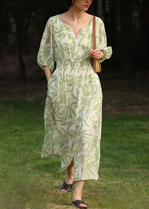 Loose Green Print Front Open Pockets Cotton Long Dress Half Sleeve
