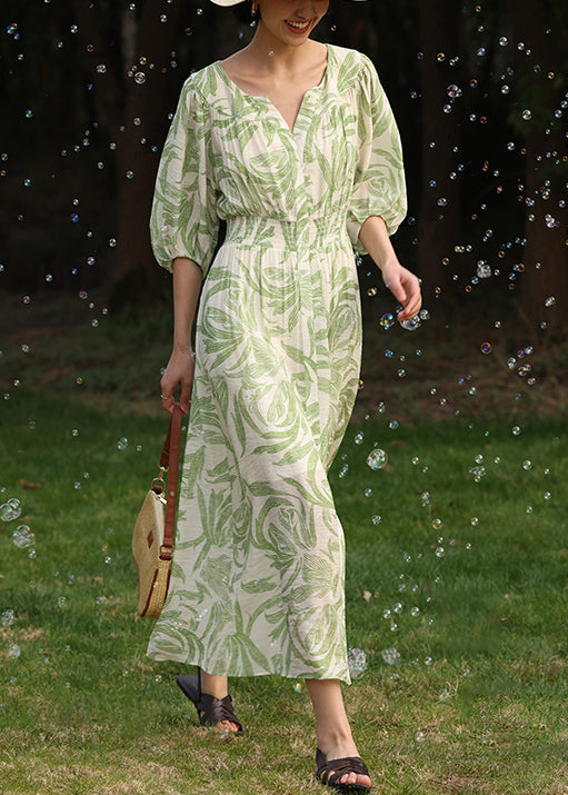 Loose Green Print Front Open Pockets Cotton Long Dress Half Sleeve