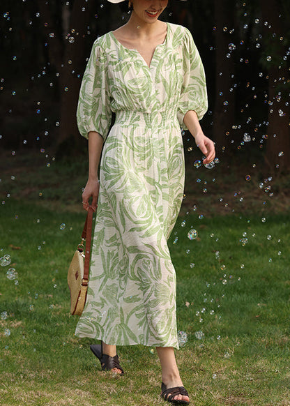 Loose Green Print Front Open Pockets Cotton Long Dress Half Sleeve