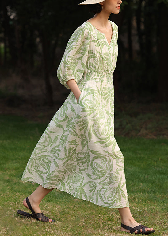 Loose Green Print Front Open Pockets Cotton Long Dress Half Sleeve