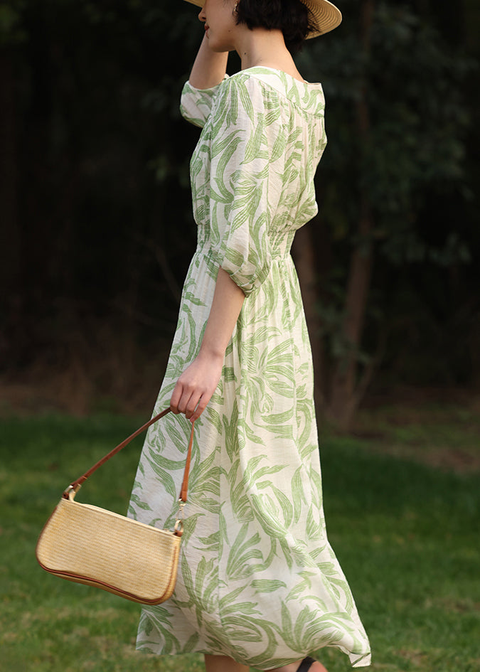 Loose Green Print Front Open Pockets Cotton Long Dress Half Sleeve