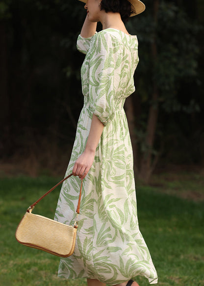 Loose Green Print Front Open Pockets Cotton Long Dress Half Sleeve