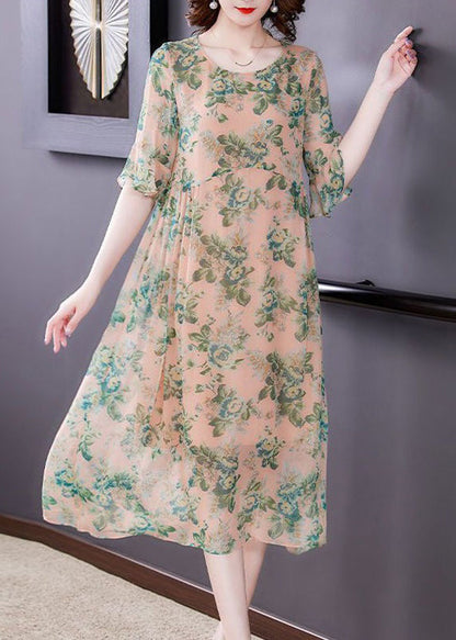 Loose Green Print O Neck High Waist Chiffon Dress Half Sleeve