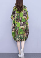 Loose Green Print Pockets Cotton Shirts Dress Half Sleeve