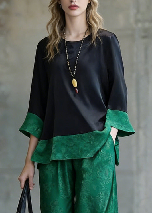 Loose Green Print Side Open Patchwork Silk Two Pieces Set Bracelet Sleeve