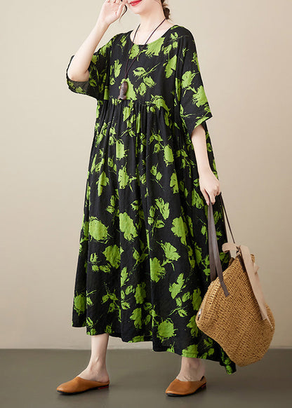 Loose Green Print Wrinkled Cotton Maxi Dresses Summer