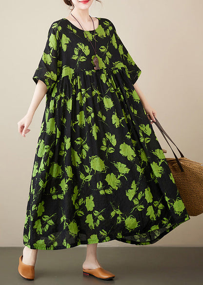 Loose Green Print Wrinkled Cotton Maxi Dresses Summer