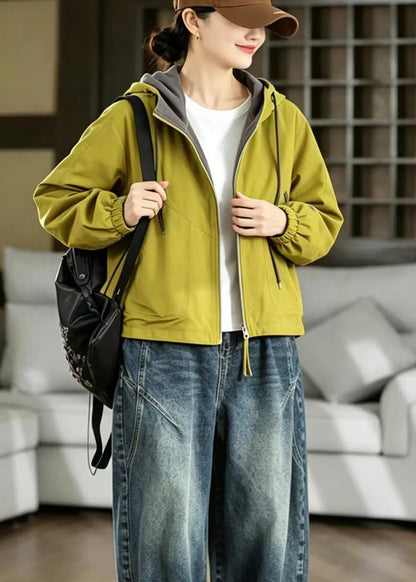 Loose Green Reversible Hooded Drawstring Pockets Jacket Fall