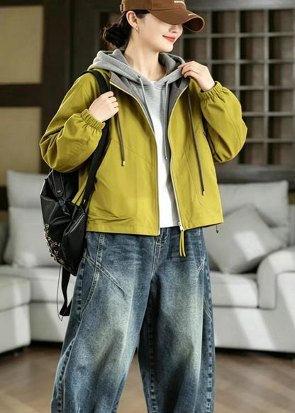 Loose Green Reversible Hooded Drawstring Pockets Jacket Fall