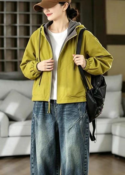 Loose Green Reversible Hooded Drawstring Pockets Jacket Fall