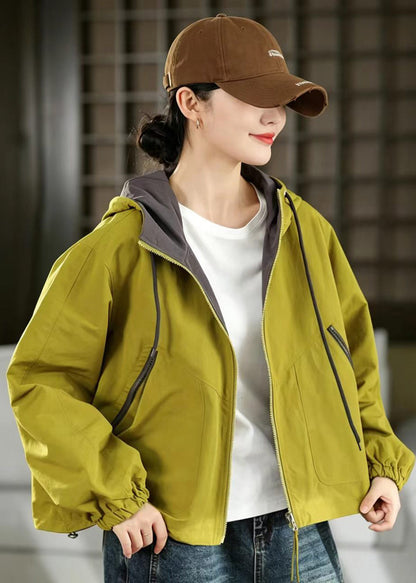 Loose Green Reversible Hooded Drawstring Pockets Jacket Fall