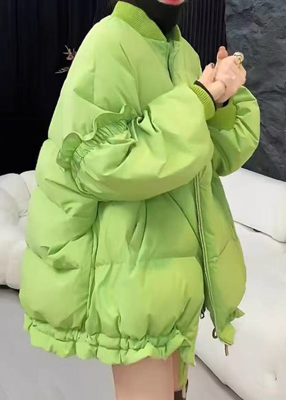 Loose Green Ruffled Drawstring Cotton Filled Puffer Jacket Long Sleeve