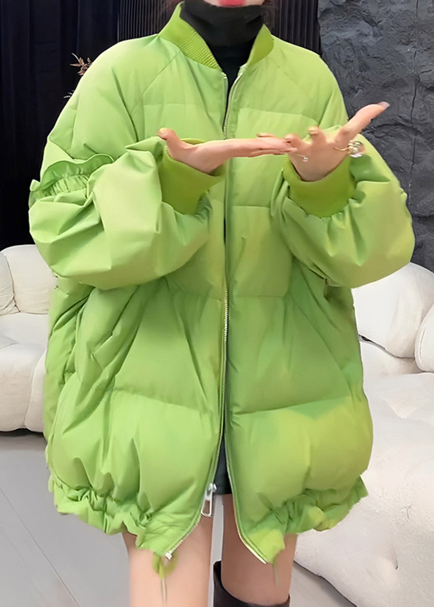Loose Green Ruffled Drawstring Cotton Filled Puffer Jacket Long Sleeve