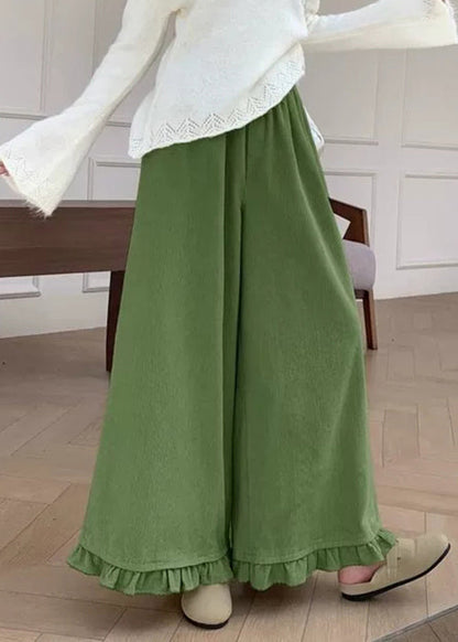 Loose Green Ruffled Elastic Waist Corduroy Wide Leg Pants Fall