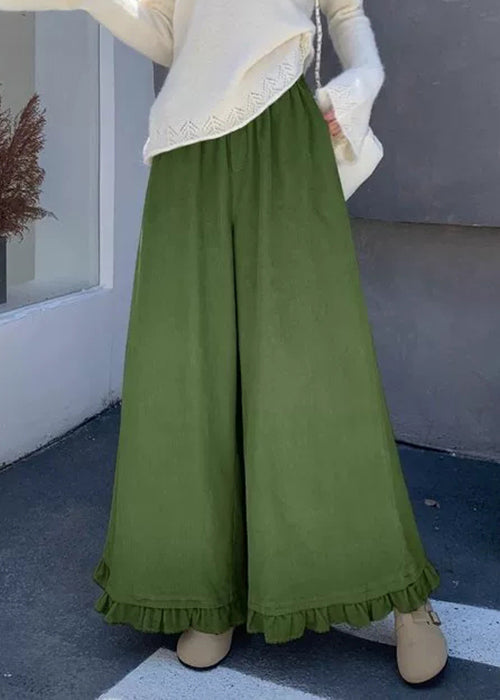 Loose Green Ruffled Elastic Waist Corduroy Wide Leg Pants Fall