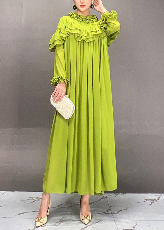 Loose Green Ruffled Solid Chiffon Long Dress Fall
