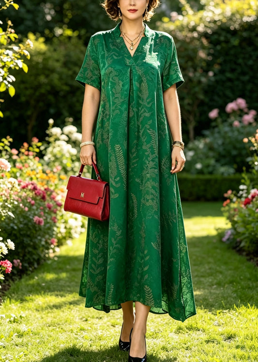 Loose Green Stand Collar Print Silk Maxi Dresses Short Sleeve