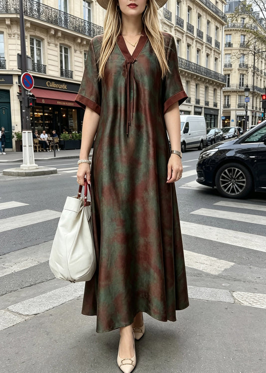 Loose Green Stand Collar Print Silk Maxi Dresses Short Sleeve