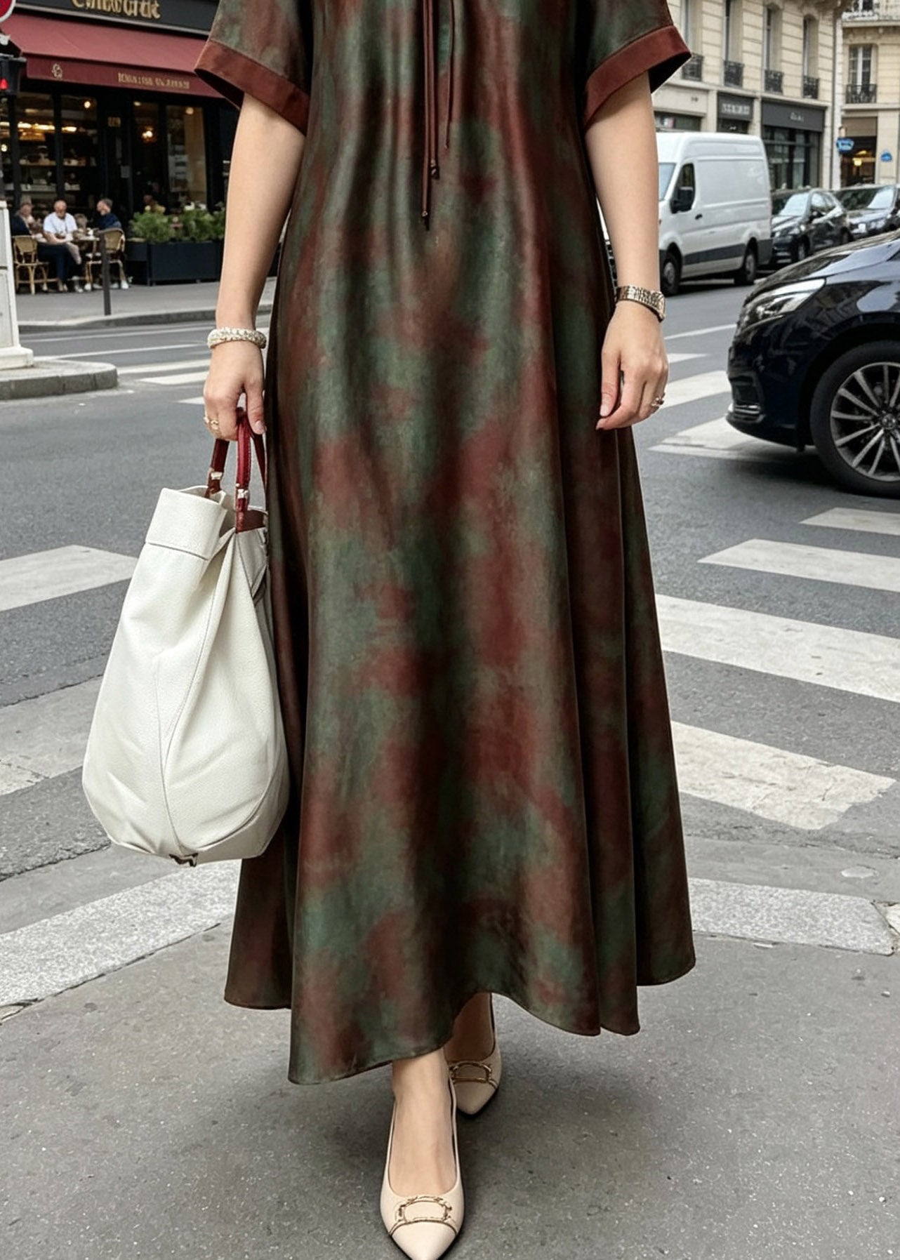 Loose Green Stand Collar Print Silk Maxi Dresses Short Sleeve