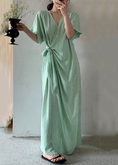 Loose Green Striped Lace Up Cotton Long Dresses Summer