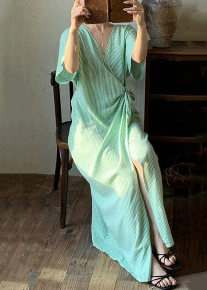 Loose Green Striped Lace Up Cotton Long Dresses Summer
