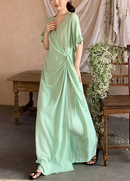 Loose Green Striped Lace Up Cotton Long Dresses Summer