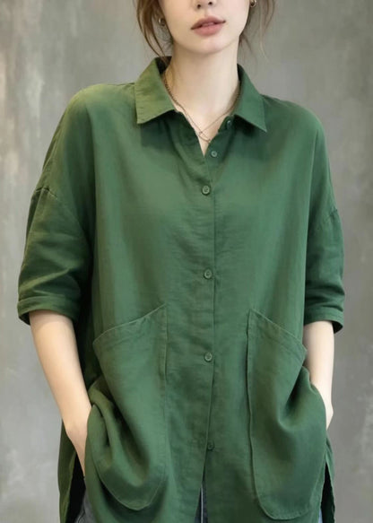 Loose Green Turn-Down Collar Big Pockets Side Open Shirt Tops Summer
