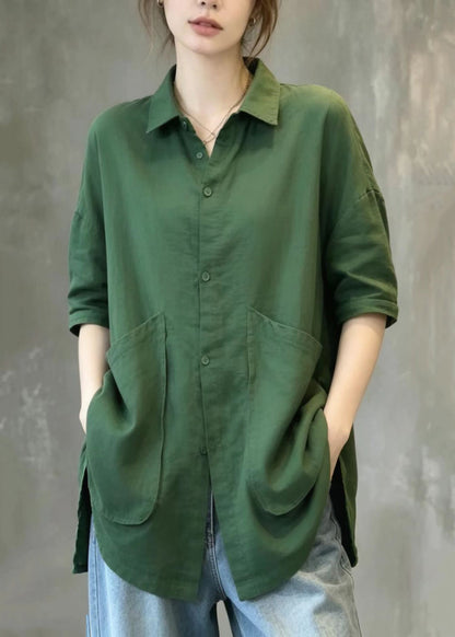 Loose Green Turn-Down Collar Big Pockets Side Open Shirt Tops Summer
