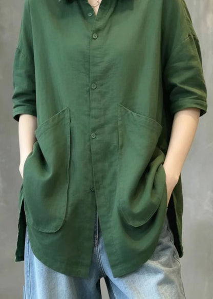 Loose Green Turn-Down Collar Big Pockets Side Open Shirt Tops Summer