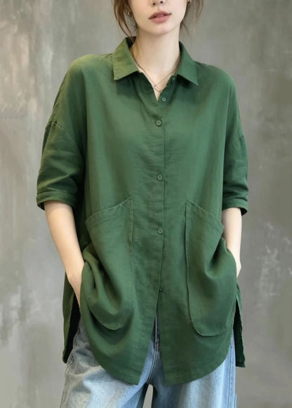 Loose Green Turn-Down Collar Big Pockets Side Open Shirt Tops Summer