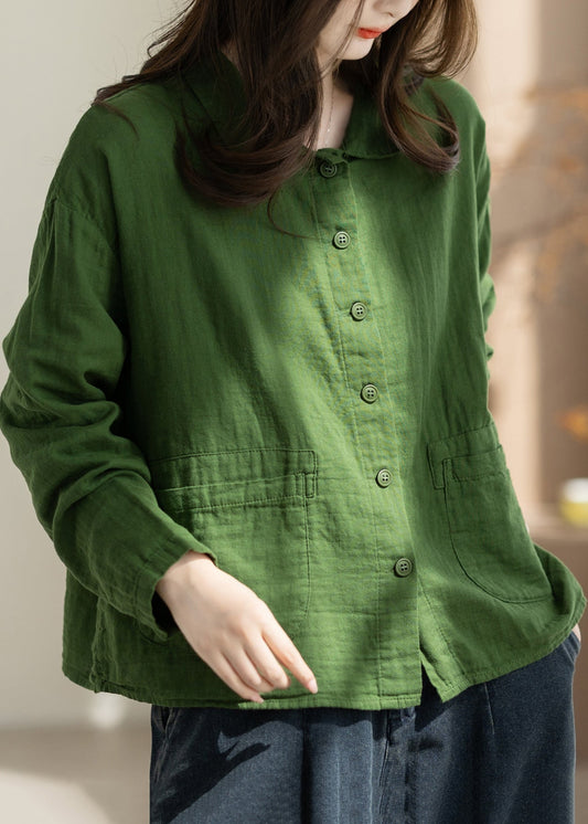 Loose Green Turn-Down Collar Pockets Double-Iayer Cotton Jacket Fall