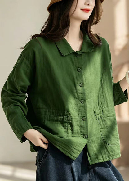 Loose Green Turn-Down Collar Pockets Double-Iayer Cotton Jacket Fall