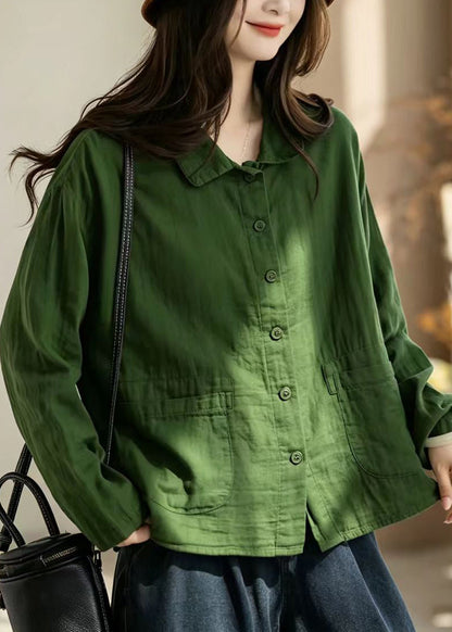 Loose Green Turn-Down Collar Pockets Double-Iayer Cotton Jacket Fall