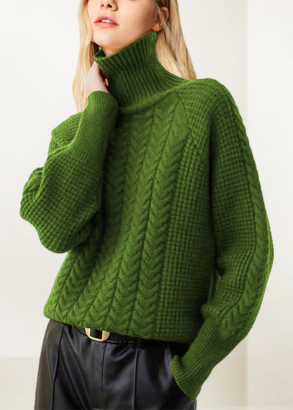 Loose Green Turtleneck Cable Knit Sweaters Spring