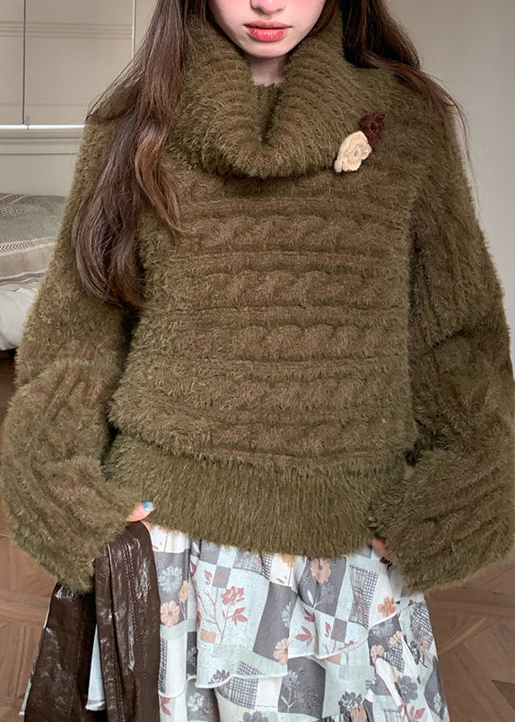 Loose Green Turtleneck Floral Cozy Cotton Knit Sweaters Fall