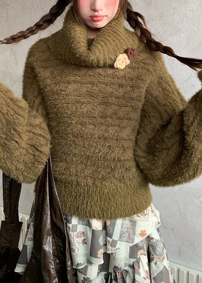 Loose Green Turtleneck Floral Cozy Cotton Knit Sweaters Fall