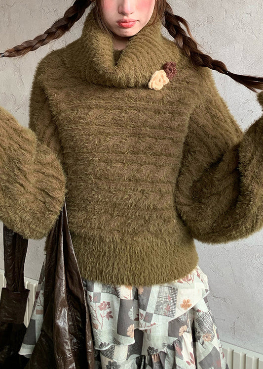 Loose Green Turtleneck Floral Cozy Cotton Knit Sweaters Fall