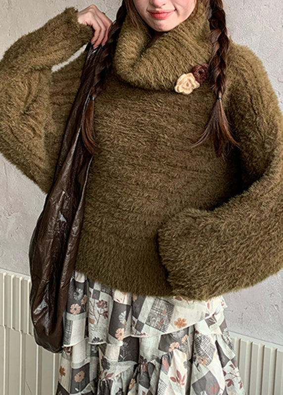 Loose Green Turtleneck Floral Cozy Cotton Knit Sweaters Fall