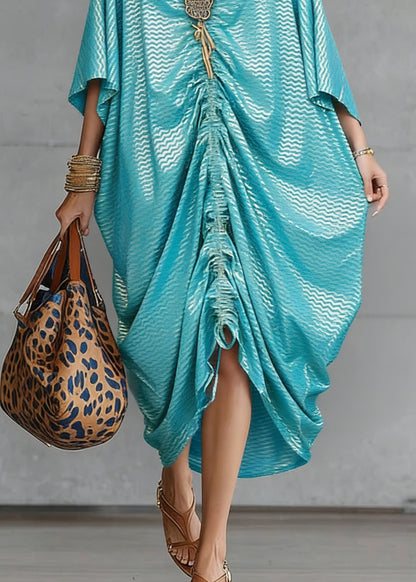 Loose Green V Neck Asymmetrical Design Drawstring Dresses Summer