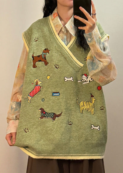 Loose Green V Neck Embroidered Animal Knit Vest Sleeveless