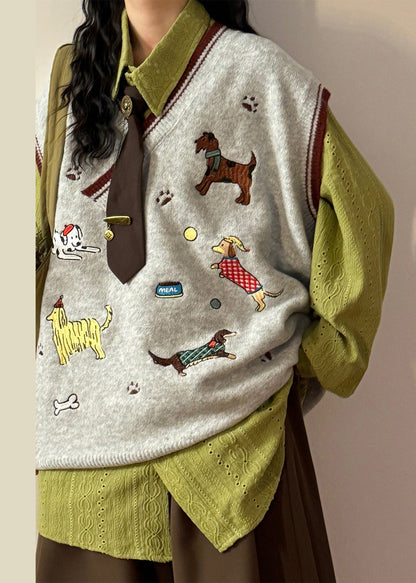 Loose Green V Neck Embroidered Animal Knit Vest Sleeveless