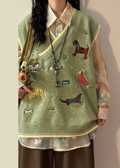 Loose Green V Neck Embroidered Animal Knit Vest Sleeveless