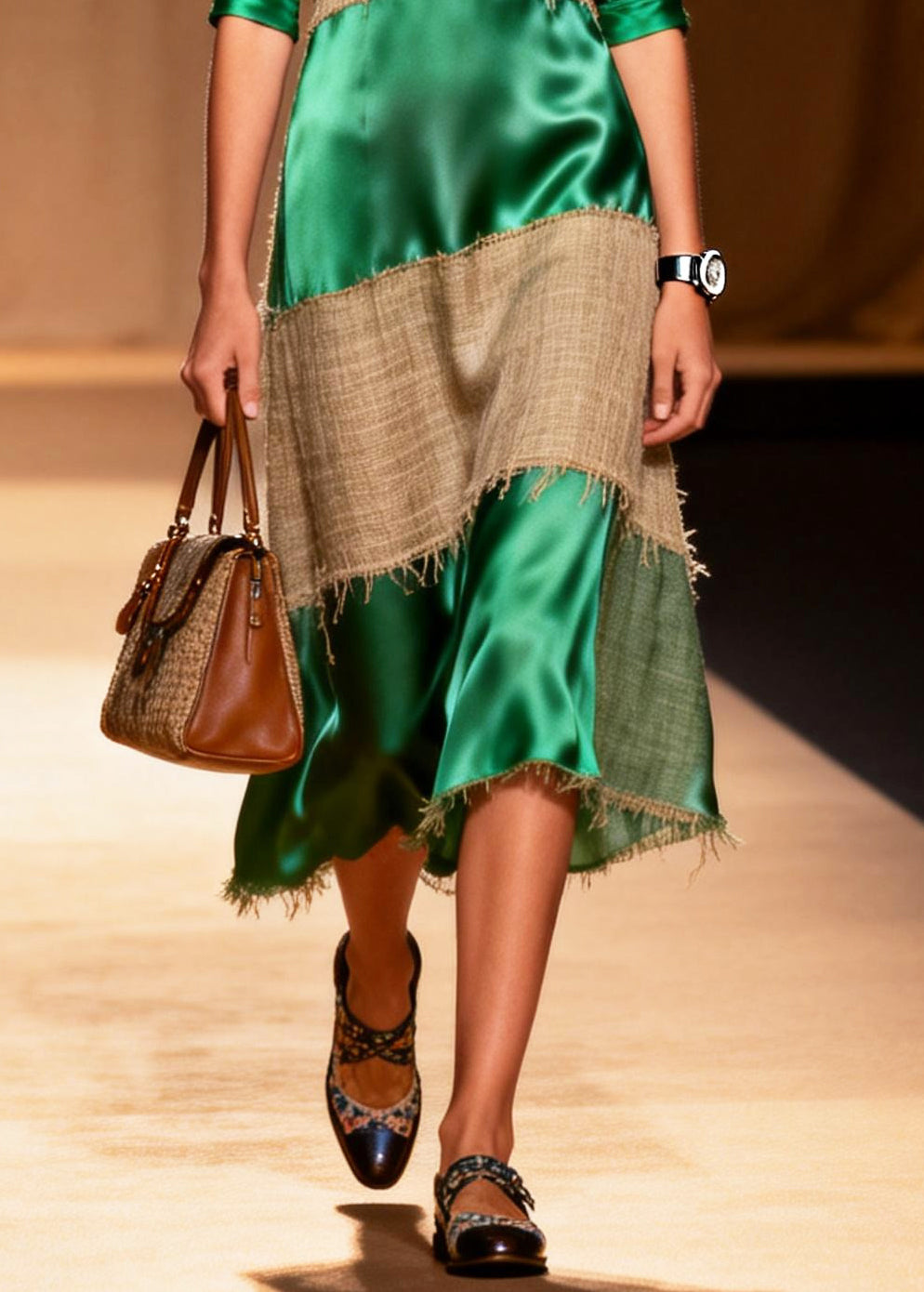 Loose Green V Neck Patchwork Linen Silk Maxi Dress Summer