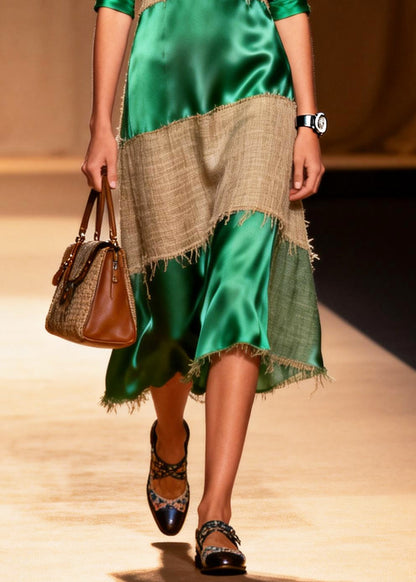 Loose Green V Neck Patchwork Linen Silk Maxi Dress Summer