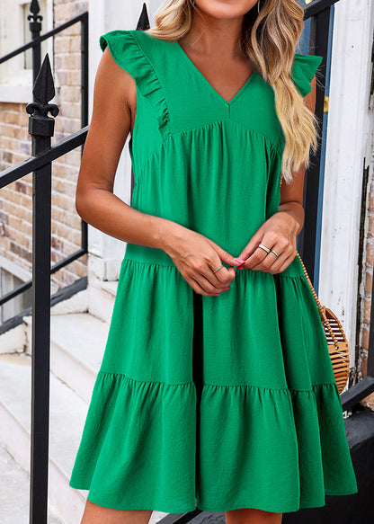 Loose Green V Neck Patchwork Solid Mid Dresses Summe