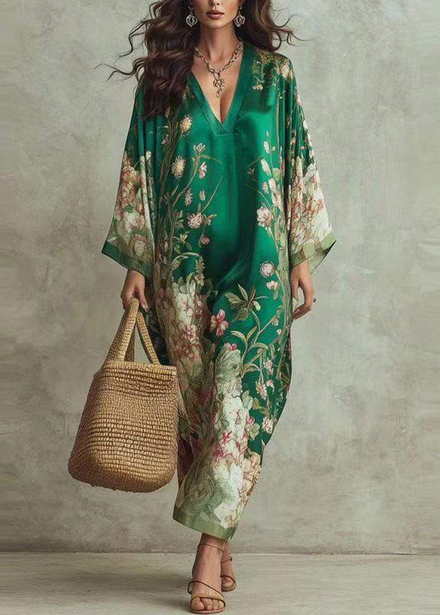 Loose Green V Neck Print Dress Long sleeve