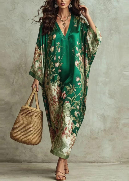 Loose Green V Neck Print Dress Long sleeve