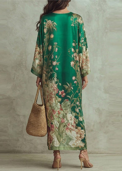 Loose Green V Neck Print Dress Long sleeve