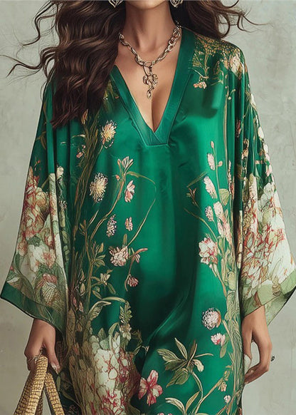 Loose Green V Neck Print Dress Long sleeve